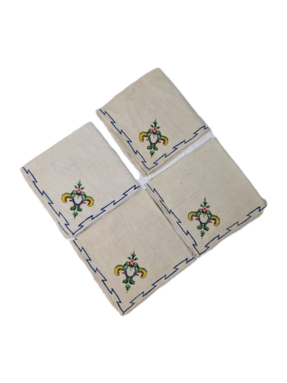 Vtg napkin Cross Stitch Embroidered on  Linen Square 10.2" mid century